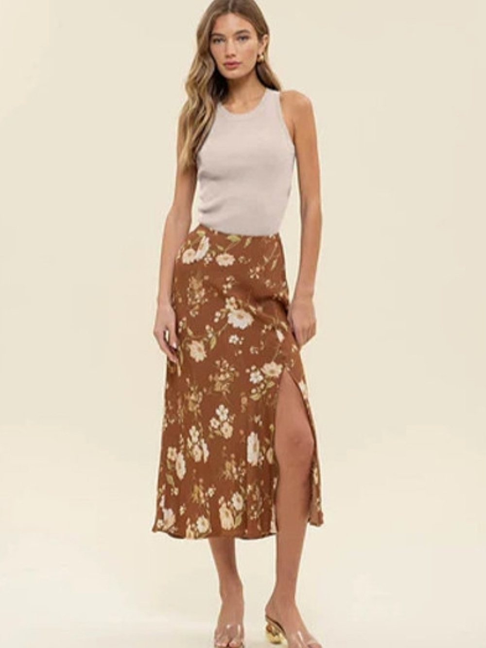 Workshop Republic Clothing Brown Floral Side-Slit Midi Skirt